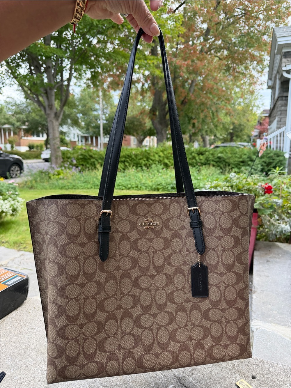 Coach Brown Signature Canvas Tote with Black Leather Handles